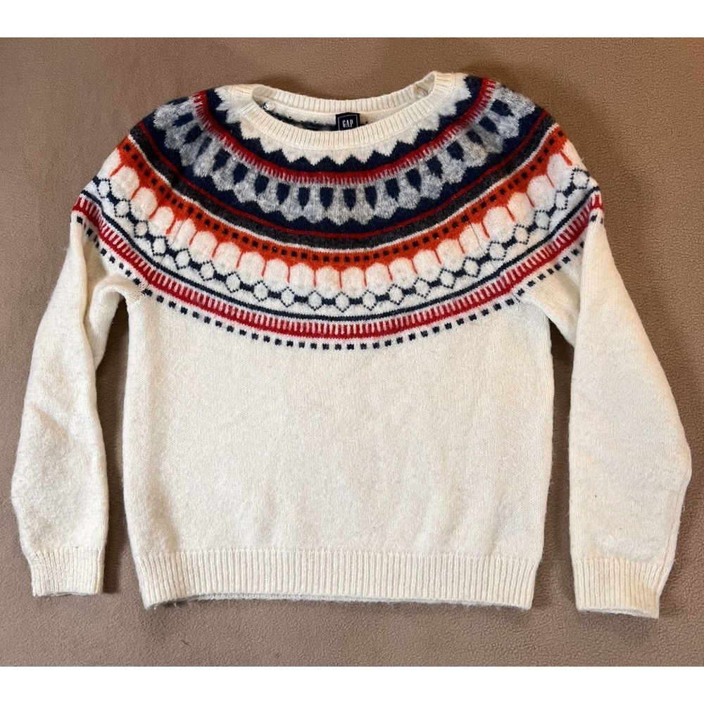 GAP Fair Isle Nordic Sweater Women's L Cream Orange Mohair Wool Cozy Apres Ski